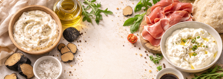 Pinsa à la crème de truffe, prosciutto et straciatella